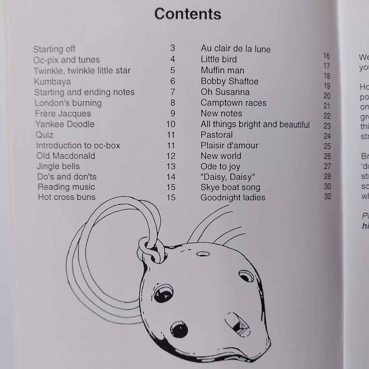 A printed table of contents page from a songbook or album, showing track titles, song numbers, and a simple line drawing of a ocarina.