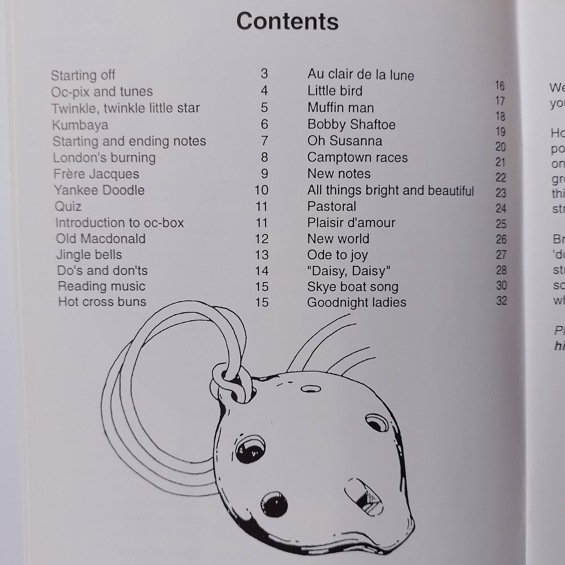 A printed table of contents page from a songbook or album, showing track titles, song numbers, and a simple line drawing of a ocarina.