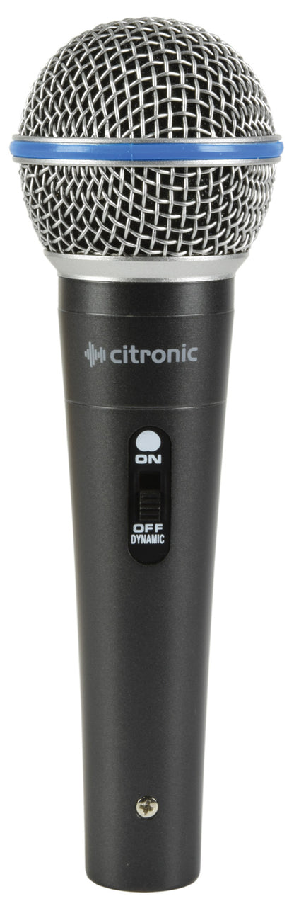 This Citronic microphone is black with a silver mesh on the top. The round mesh has a blue rubber in the middle and a grey one at the base of it (where it attaches to the bottom). The microphone has also an on/off switch.