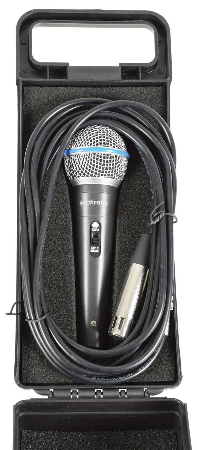 Microphone with cable in a carrying case on a white background
