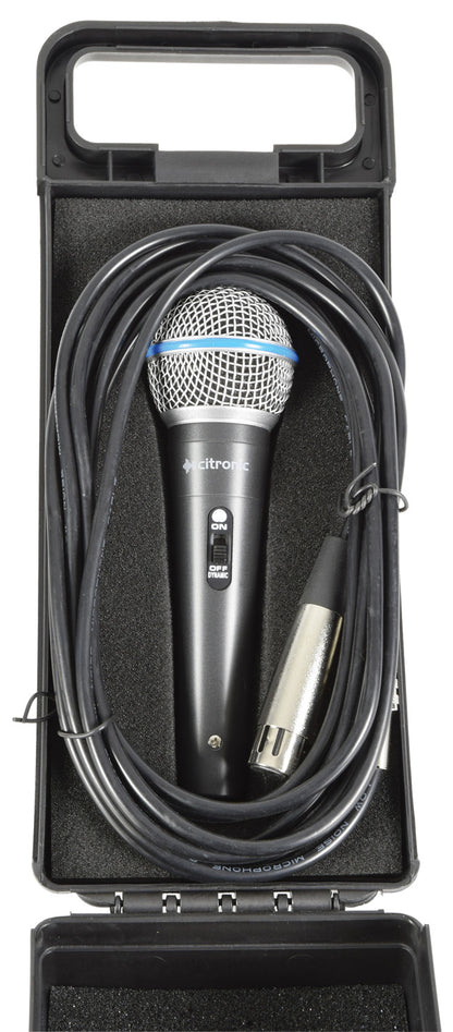 Microphone with cable in a carrying case on a white background