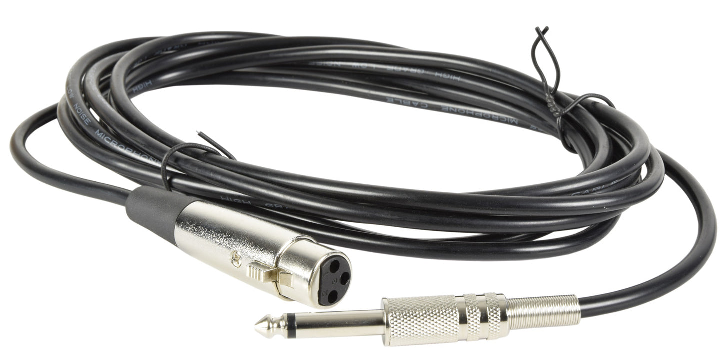Coiled microphone lead with XLR female and  jack male on a white background - the xlr mounts to the microphone low end. 