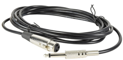 Coiled microphone lead with XLR female and  jack male on a white background - the xlr mounts to the microphone low end. 