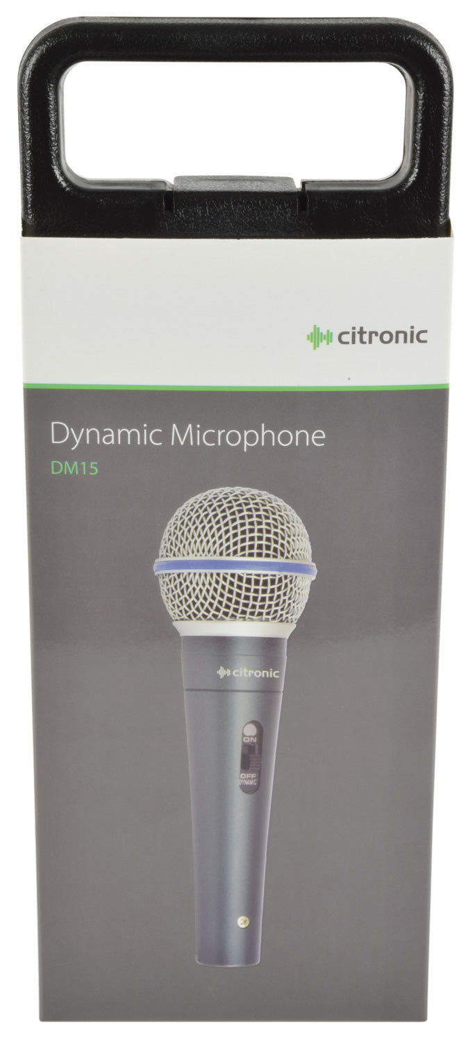 Citronic dynamic microphone packaging on a white background -the packaging is a sleave around the hard shell