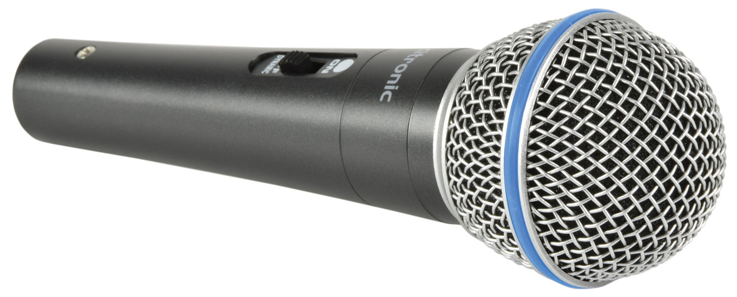 This Citronic microphone is black with a silver mesh on the top. The round mesh has a blue rubber in the middle and a grey one at the base of it (where it attaches to the bottom). The microphone has also an on/off switch.