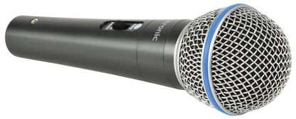 This Citronic microphone is black with a silver mesh on the top. The round mesh has a blue rubber in the middle and a grey one at the base of it (where it attaches to the bottom). The microphone has also an on/off switch.