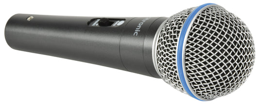 This Citronic microphone is black with a silver mesh on the top. The round mesh has a blue rubber in the middle and a grey one at the base of it (where it attaches to the bottom). The microphone has also an on/off switch.