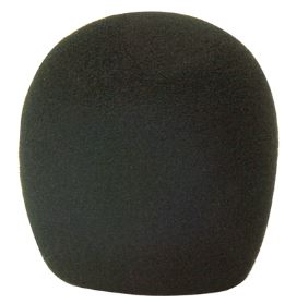 Black foam microphone windscreen on a white background