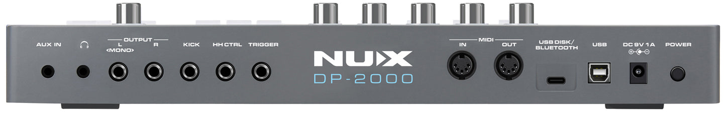 Back view of a NUX DP-2000 audio device with various ports and labels.