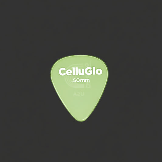 A single translucent CelluGlo .50mm guitar pick with silver branding, centered on a textured dark grey background.
