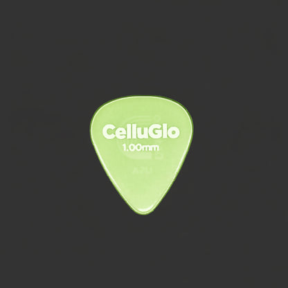 A single CelluGlo 1.00mm guitar pick on a textured dark gray background.