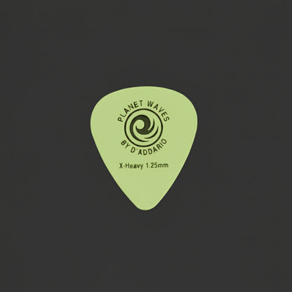 A single off-white plastic guitar pick with black printed text and a swirl logo, reading 'Planet Waves' and 'Omen by D'Addio', placed on a textured gray surface.