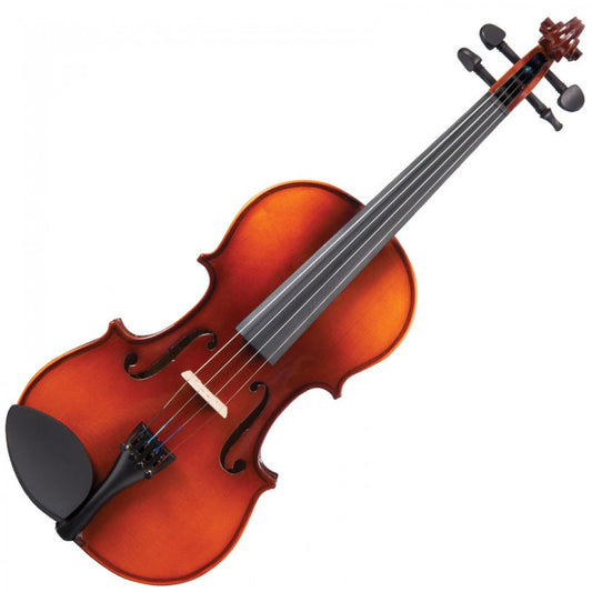 A wood finish violin with black pegs, chin rest and tail piece. The violin is equipped with four string adjusters.