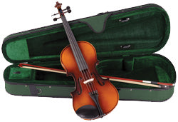 Violin with green case on a white background