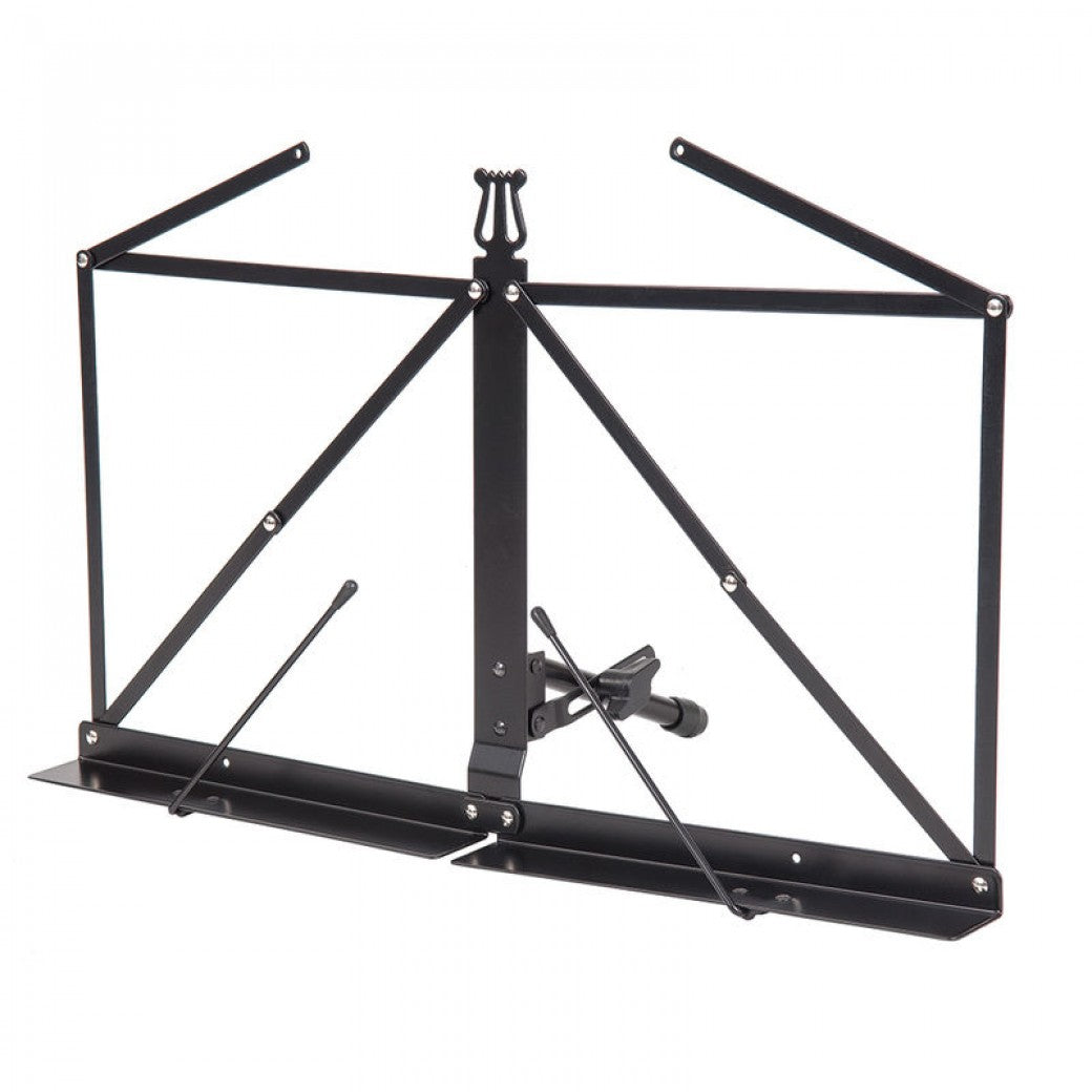 Black metal music stand on a white background