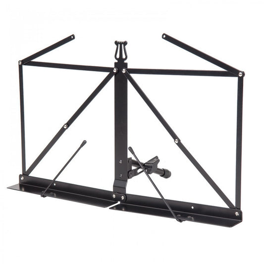 Black metal music stand on a white background