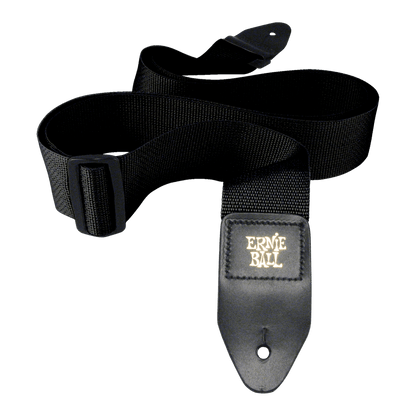 Black guitar strap with Ernie Ball logo on a black background
