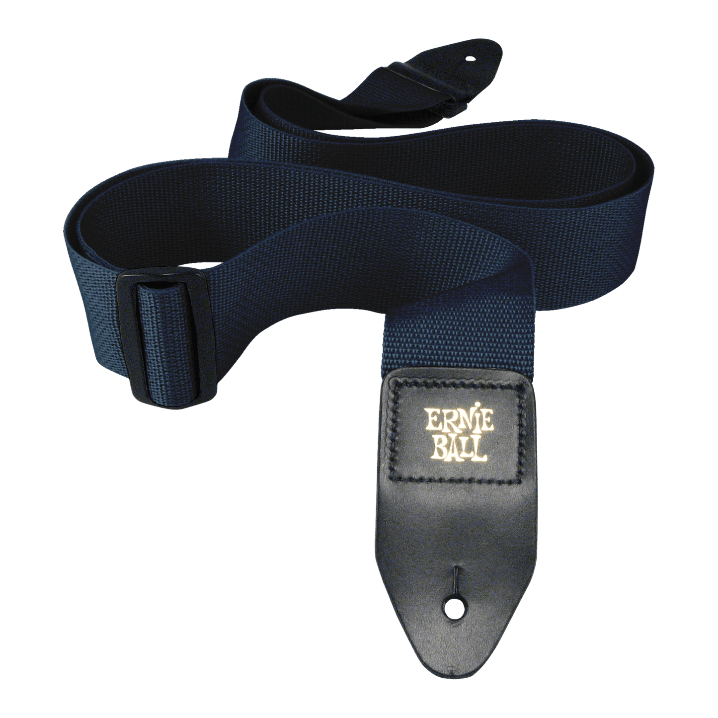 Blue guitar strap with Ernie Ball logo on a black background