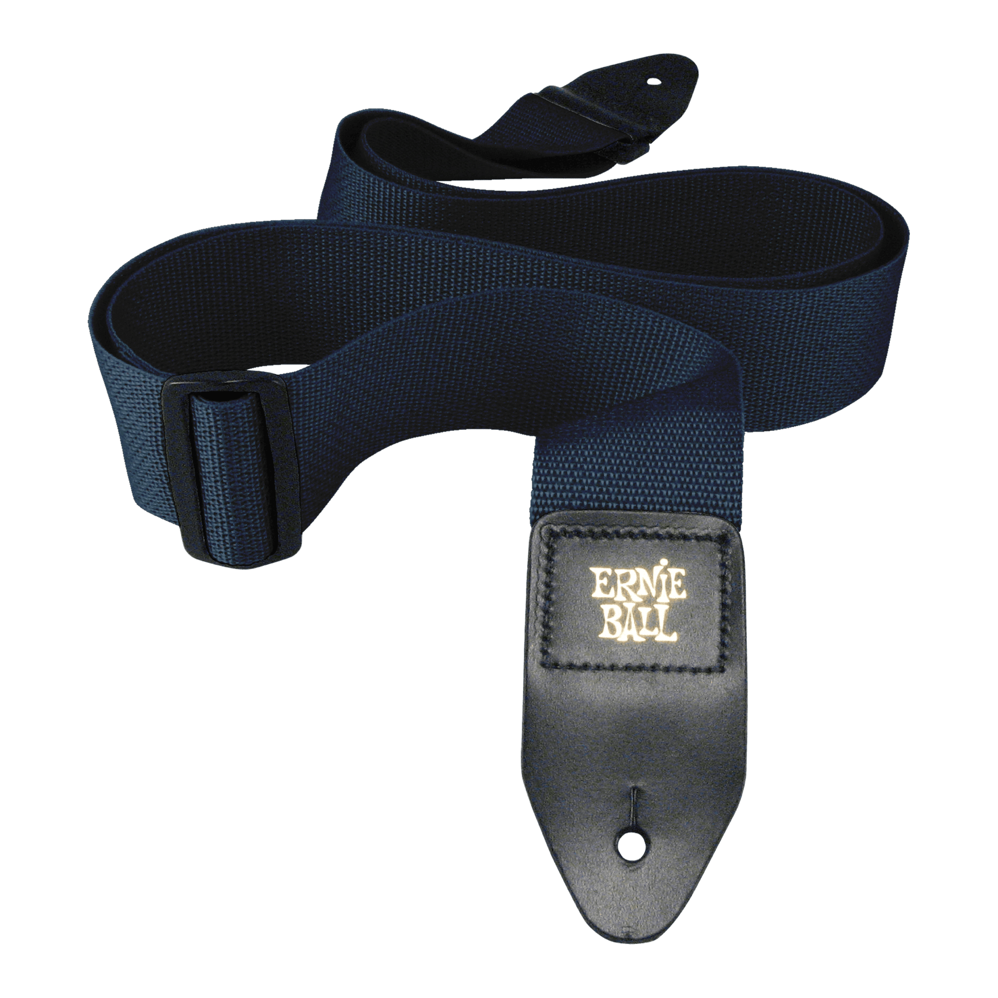 Blue guitar strap with Ernie Ball logo on a black background
