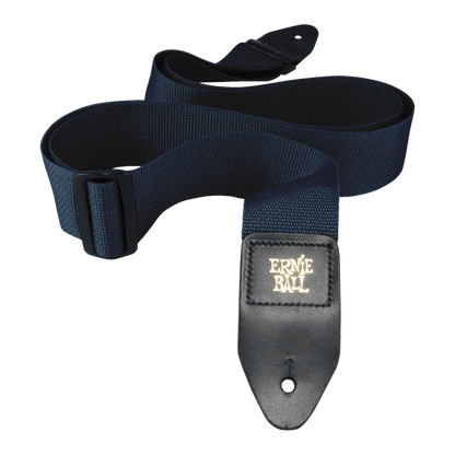Blue guitar strap with Ernie Ball logo on a black background