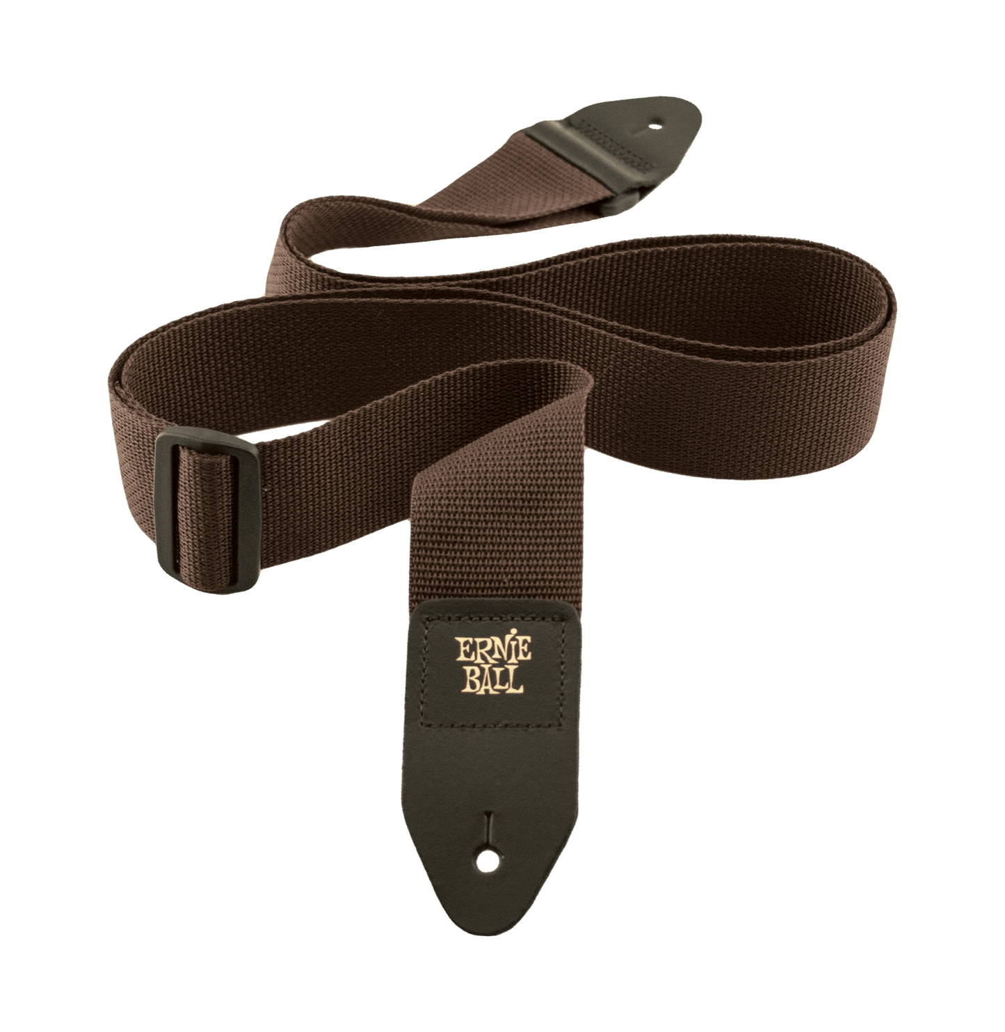 Brown guitar strap with Ernie Ball logo on a black background