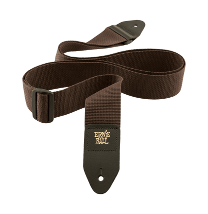Brown guitar strap with Ernie Ball logo on a black background