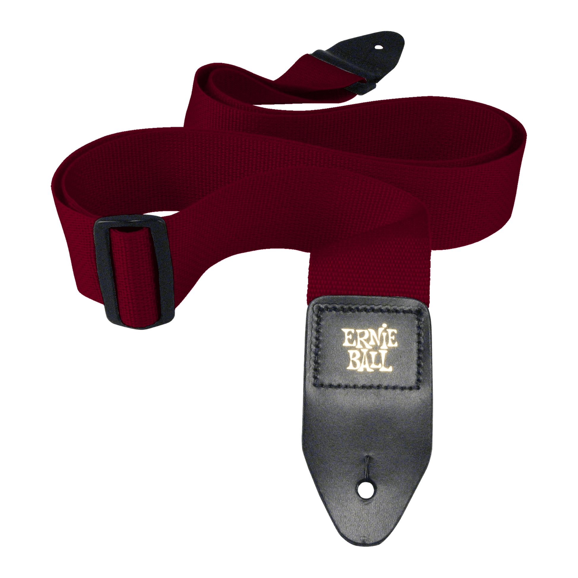 Red guitar strap with Ernie Ball logo on a black background