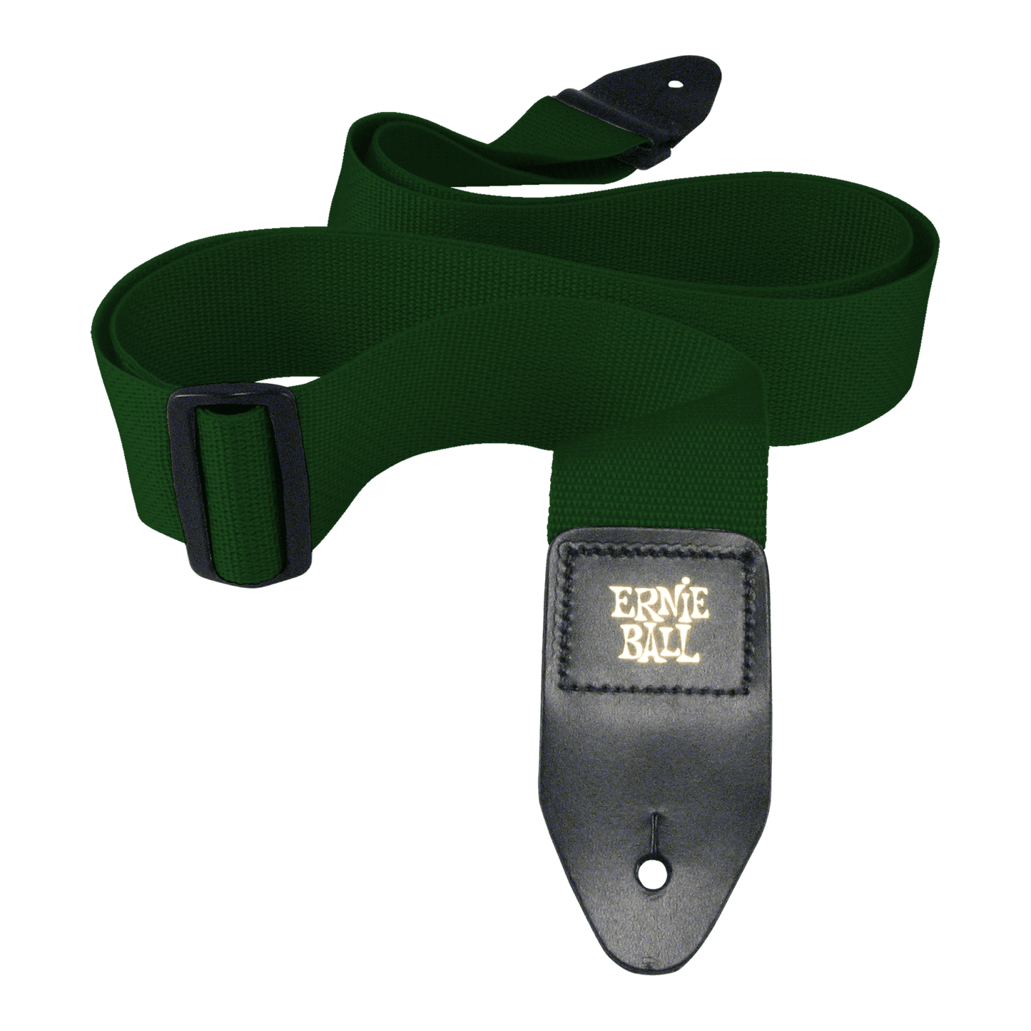 Green guitar strap with Ernie Ball logo on a black background