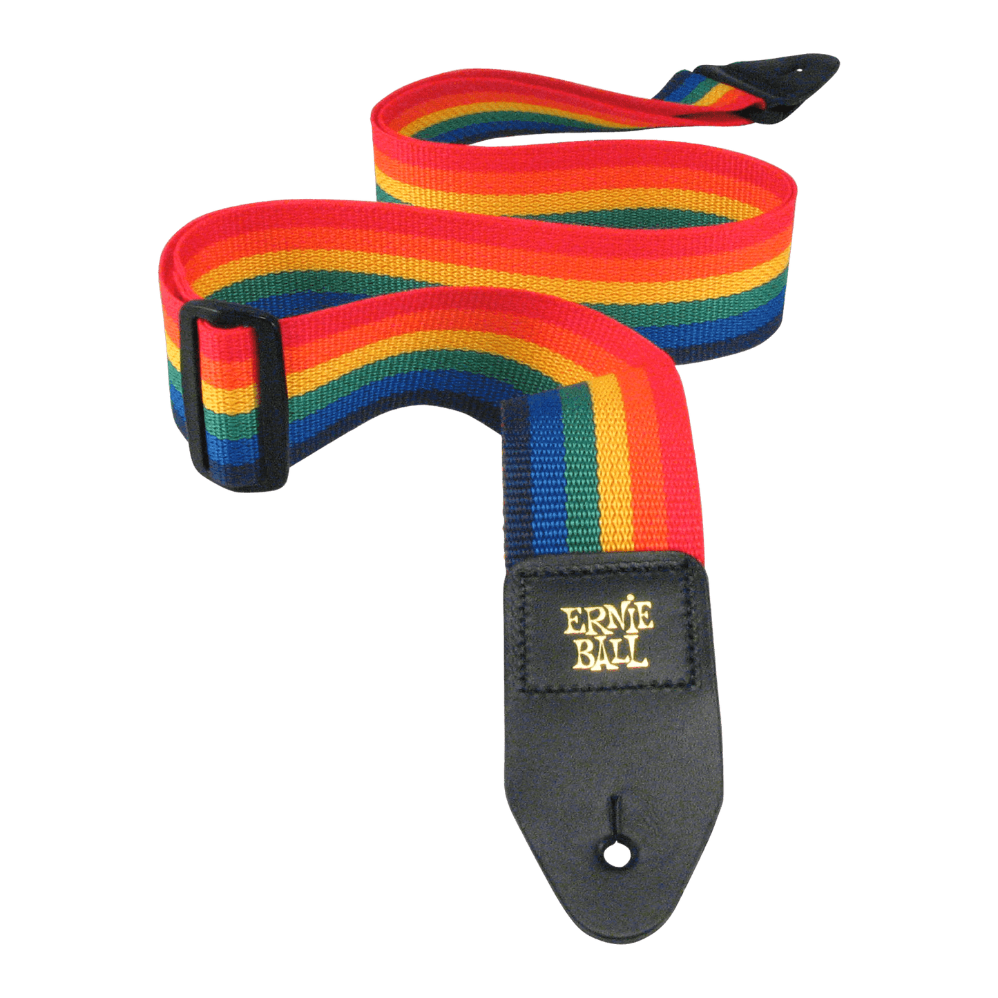 Colorful striped guitar strap with Ernie Ball logo on a black background