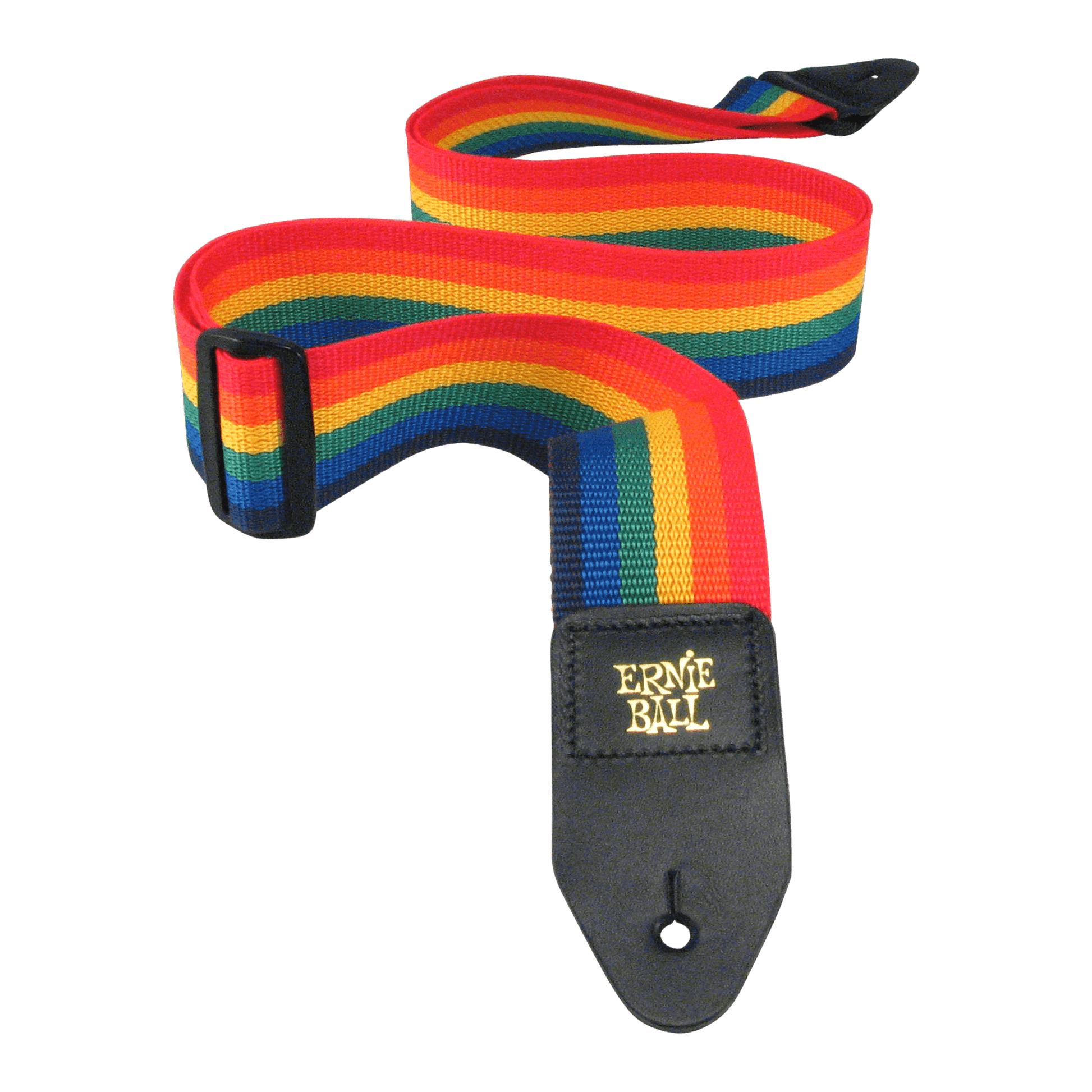 Colorful striped guitar strap with Ernie Ball logo on a black background