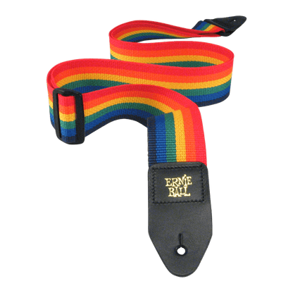 Colorful striped guitar strap with Ernie Ball logo on a black background