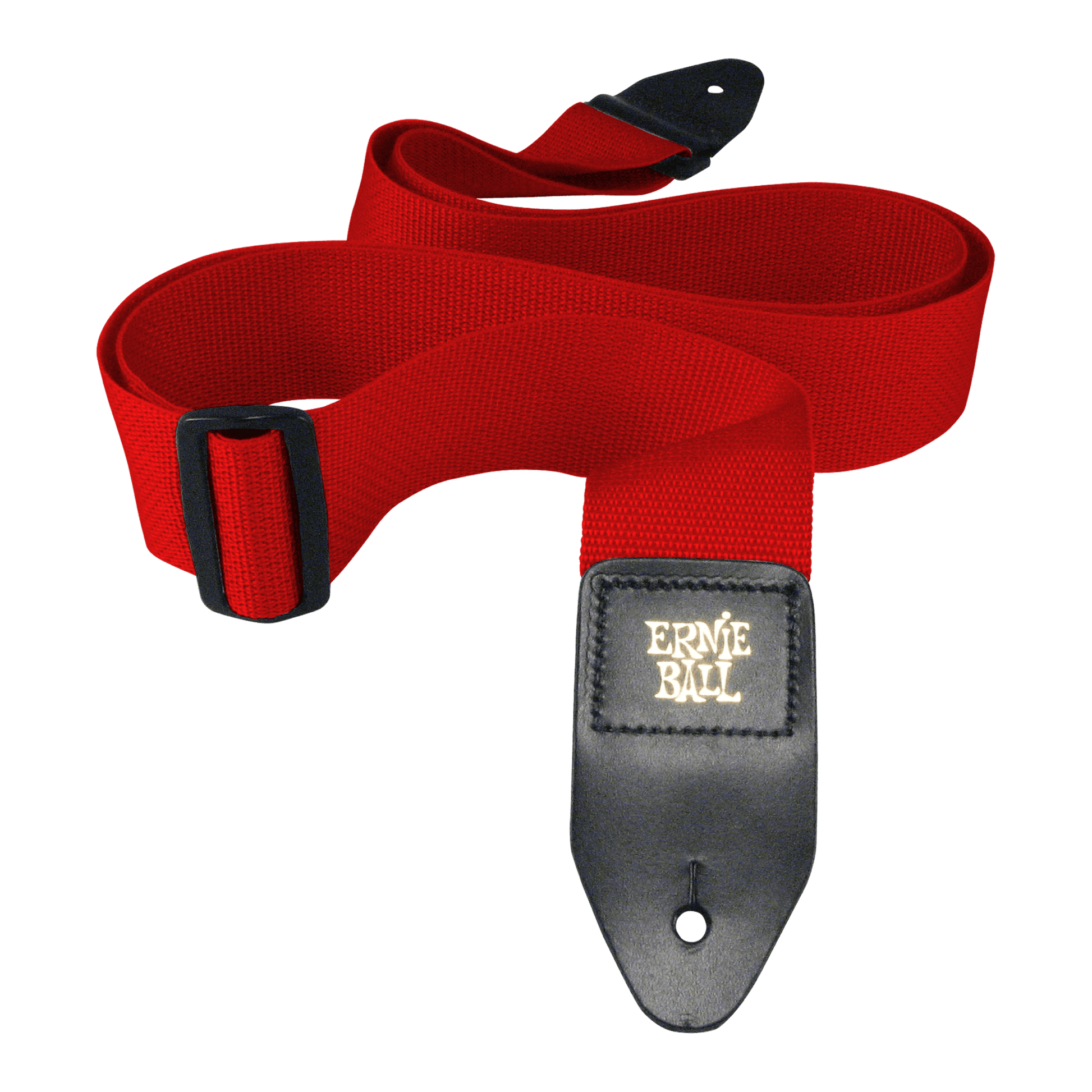 Red guitar strap with black buckle and Ernie Ball logo on a black background