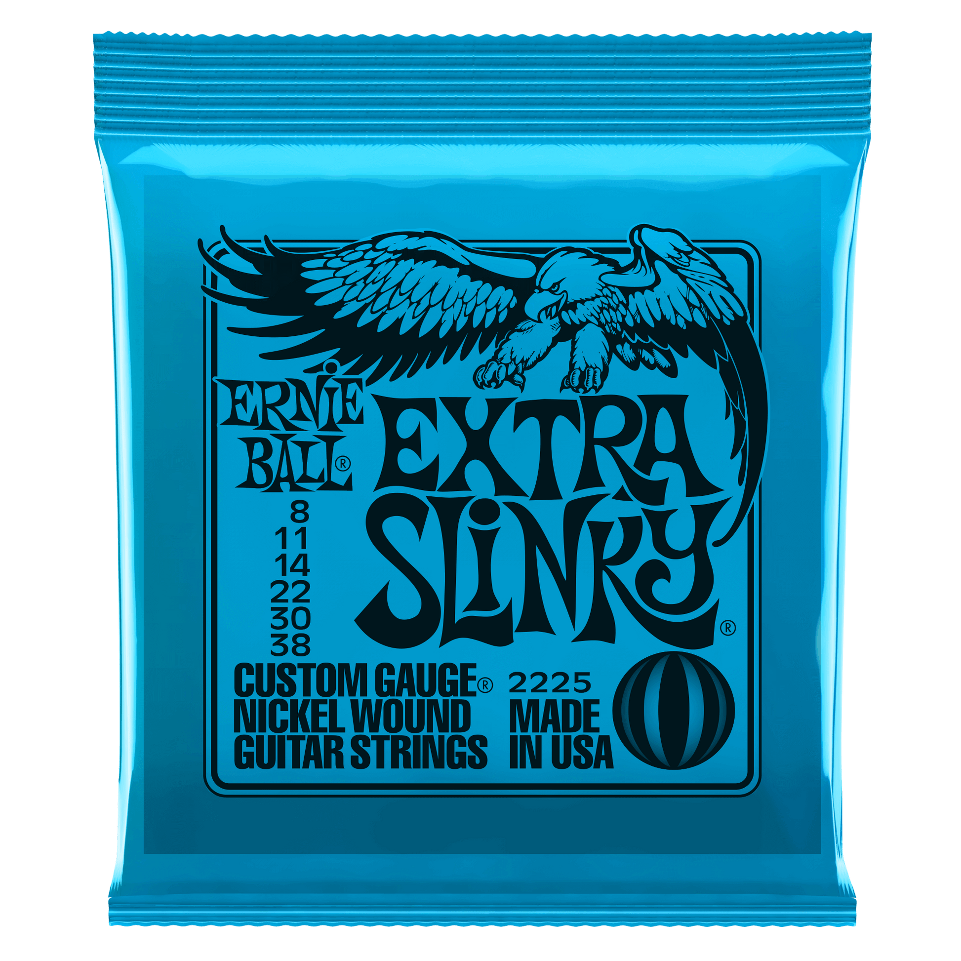Ernie Ball Extra Slinky guitar strings packaging with blue background