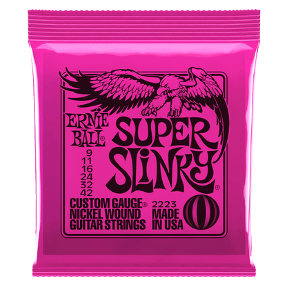 Pink packaging of Ernie Ball Super Slinky guitar strings with an eagle logo.