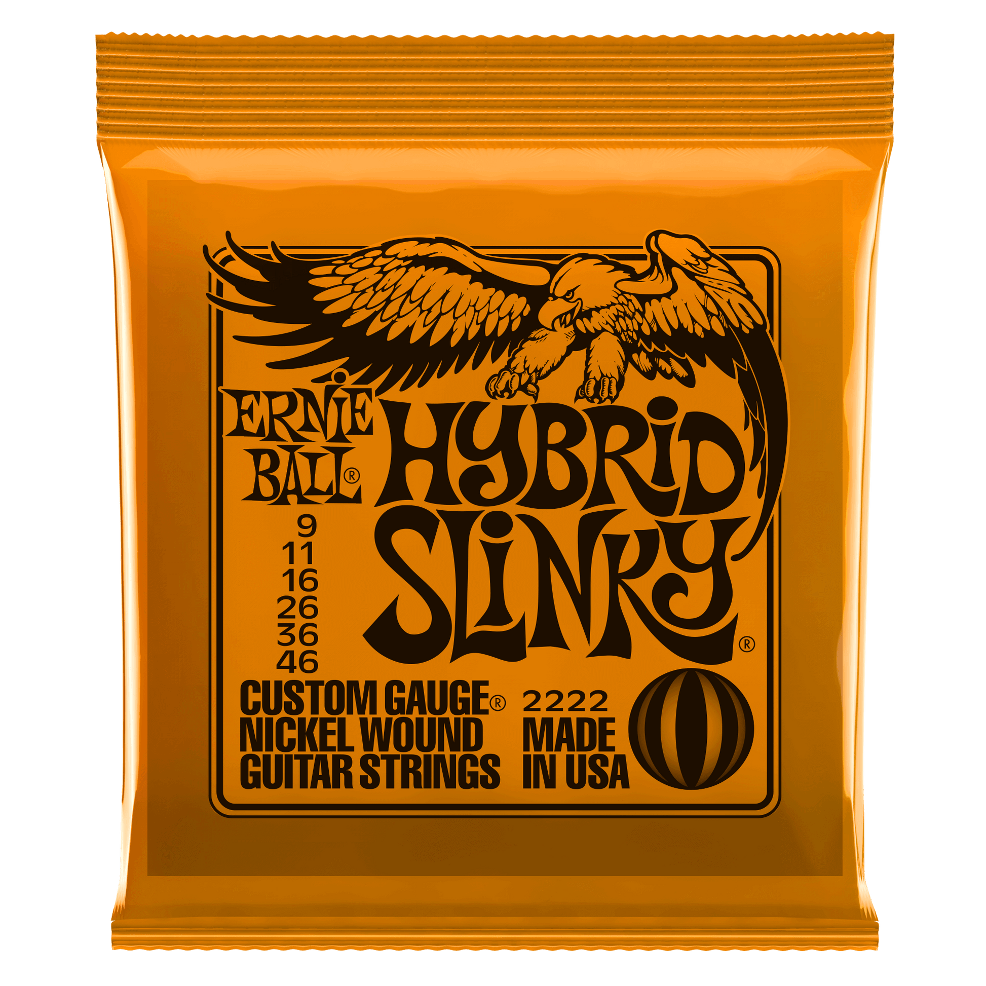 Ernie Ball Hybrid Slinky guitar string pack packaging on a white background