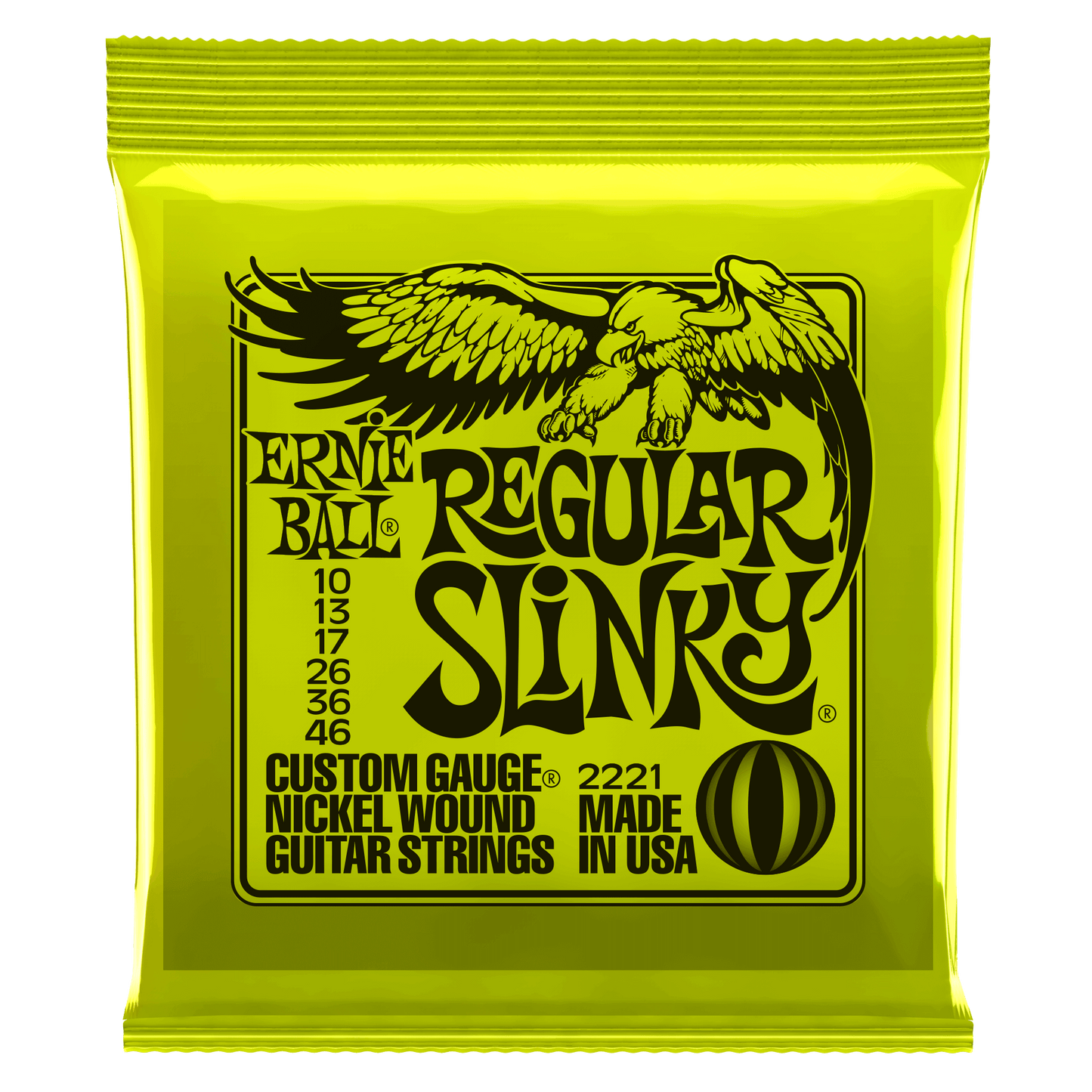 Ernie Ball Regular Slinky guitar string pack packaging on a black background