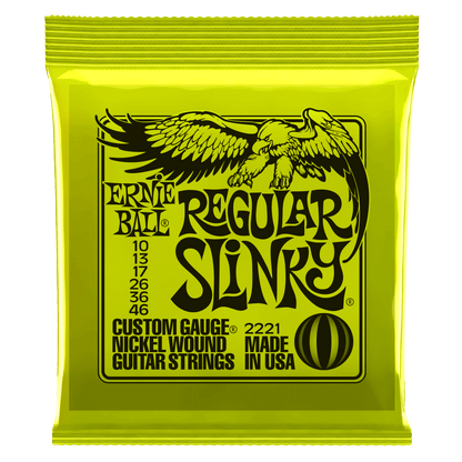 Ernie Ball Regular Slinky guitar string pack packaging on a black background