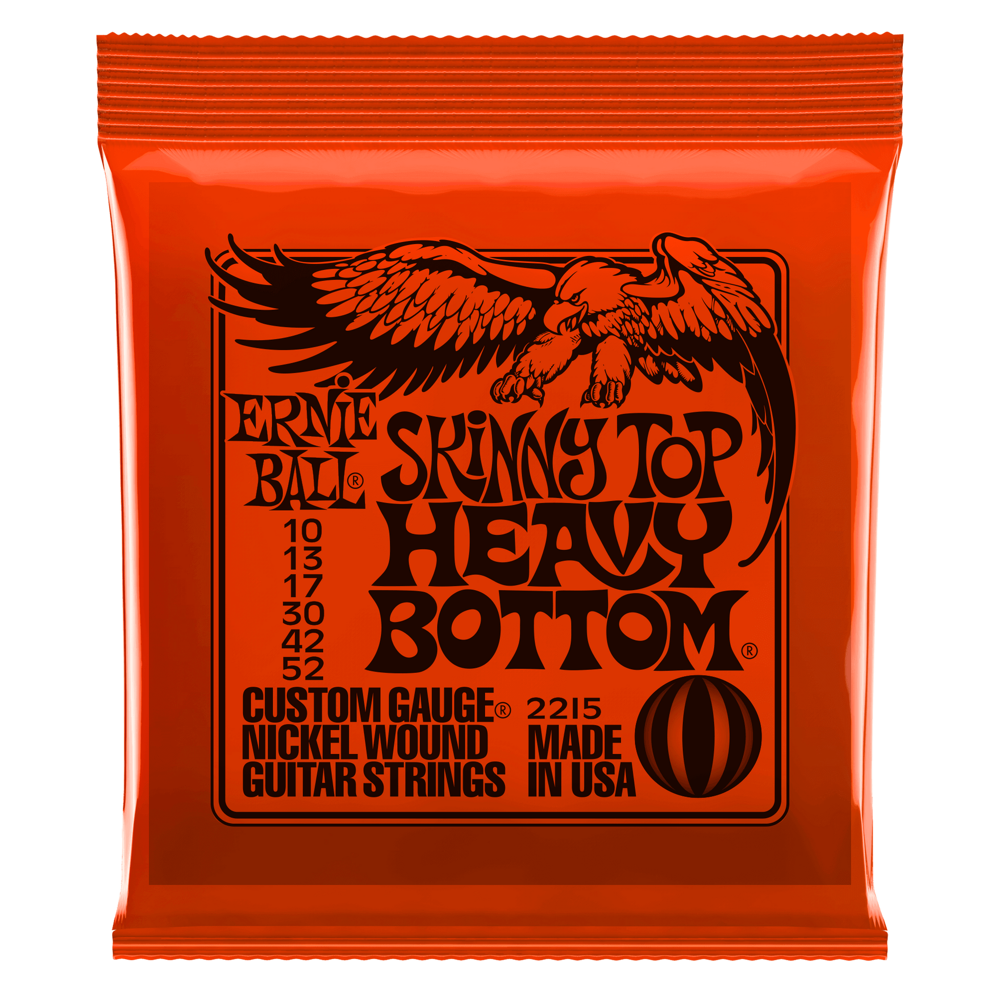 Ernie Ball Skinny Top Heavy Bottom guitar strings packaging with an eagle design on a black background