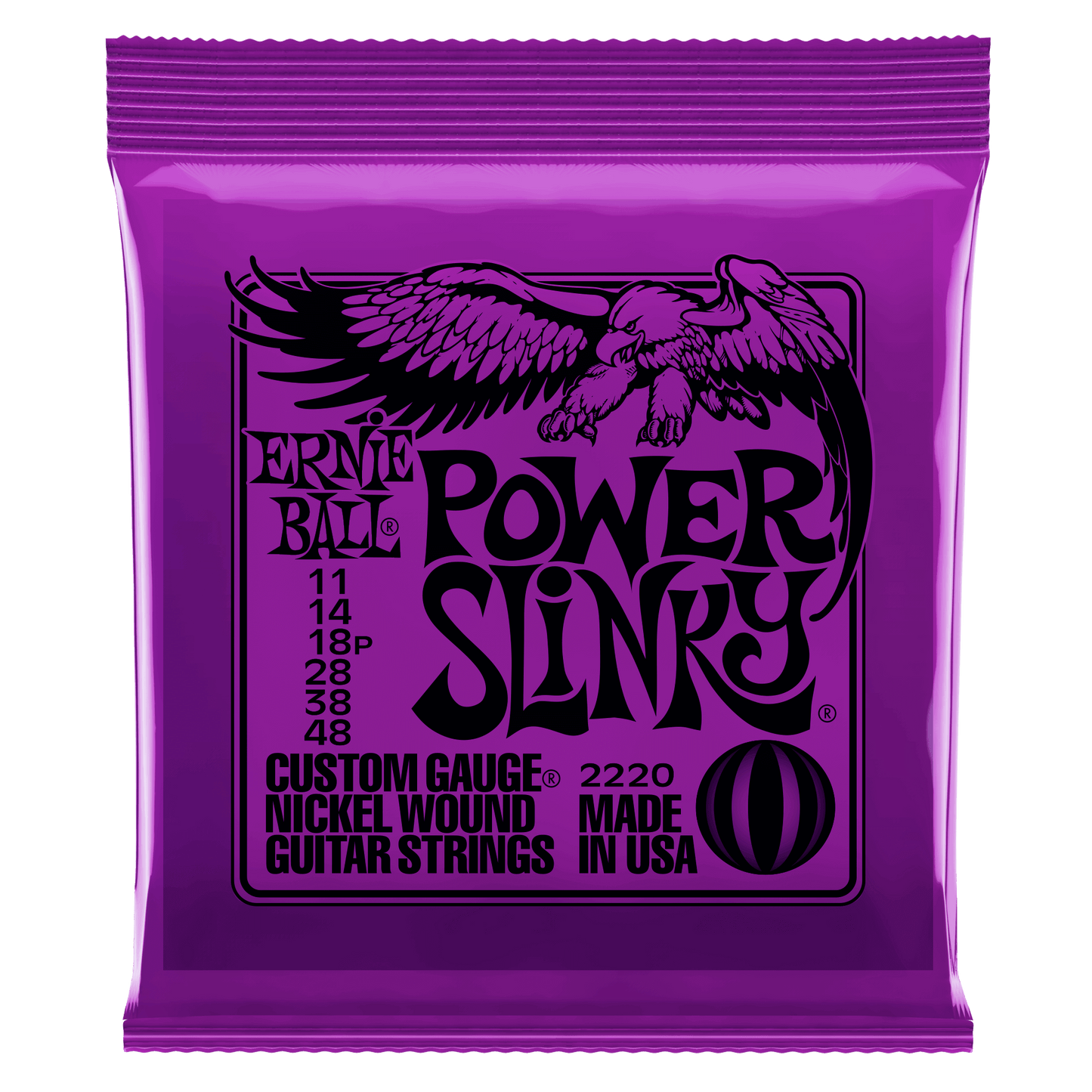 Purple packaging of Ernie Ball Power Slinky guitar strings with an eagle logo.
