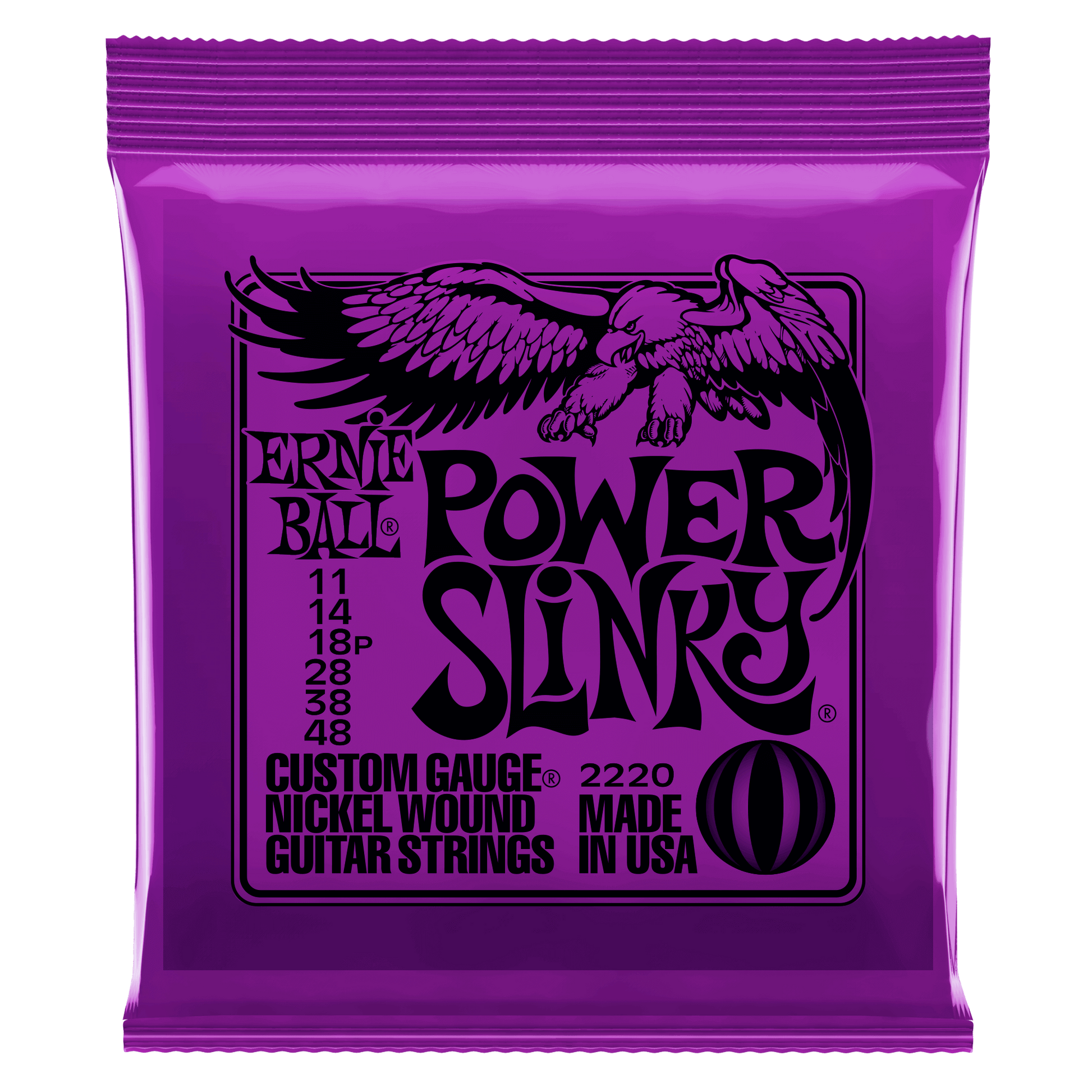 Purple packaging of Ernie Ball Power Slinky guitar strings with an eagle logo.