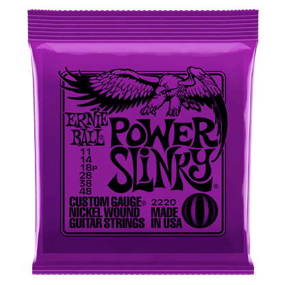 Purple packaging of Ernie Ball Power Slinky guitar strings with an eagle logo.