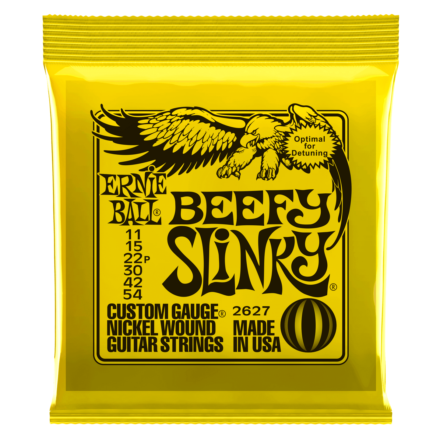 Ernie Ball Beefy Slinky guitar string packaging with yellow background and eagle logo.