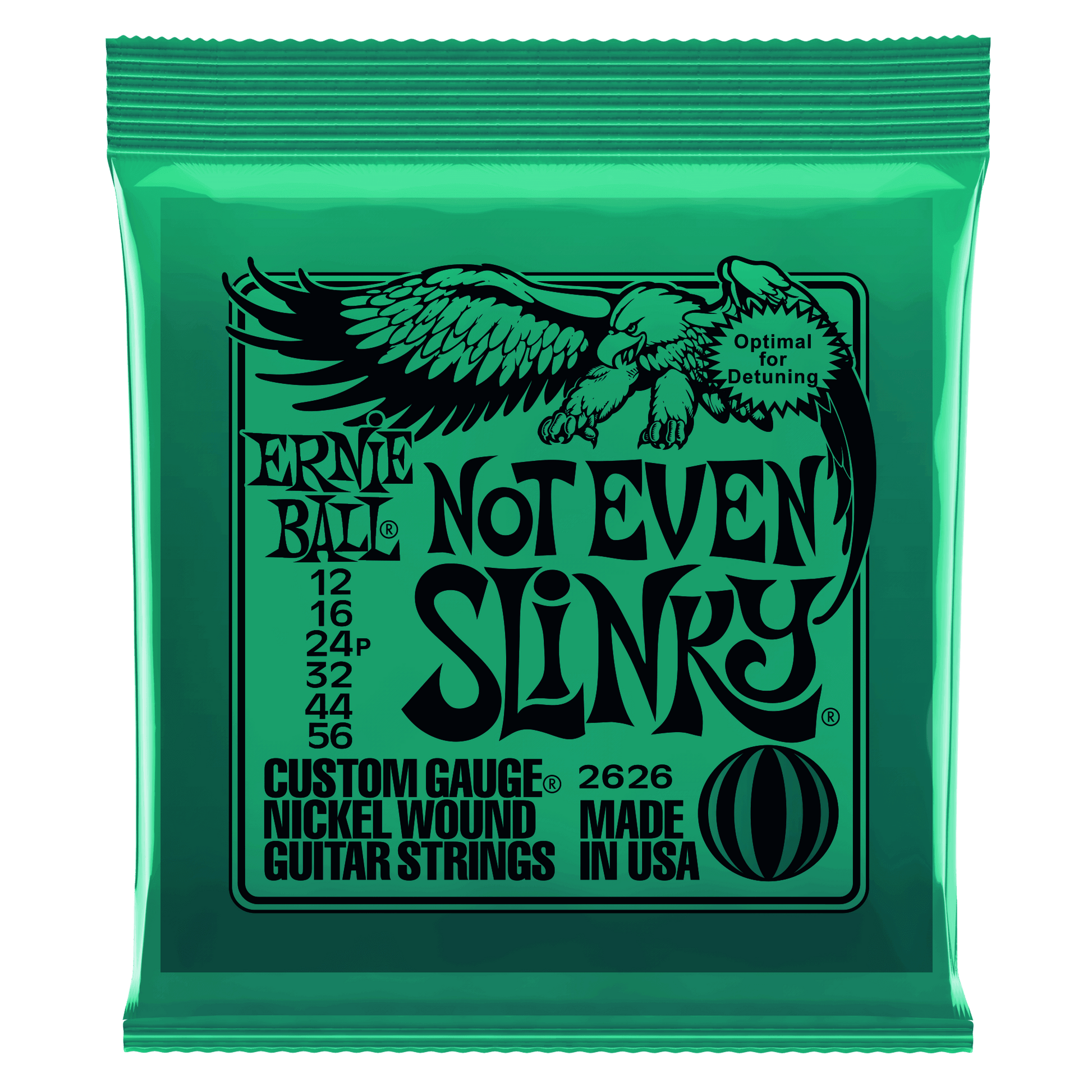 Ernie Ball Not Even Slinky guitar string packaging with green and black design.