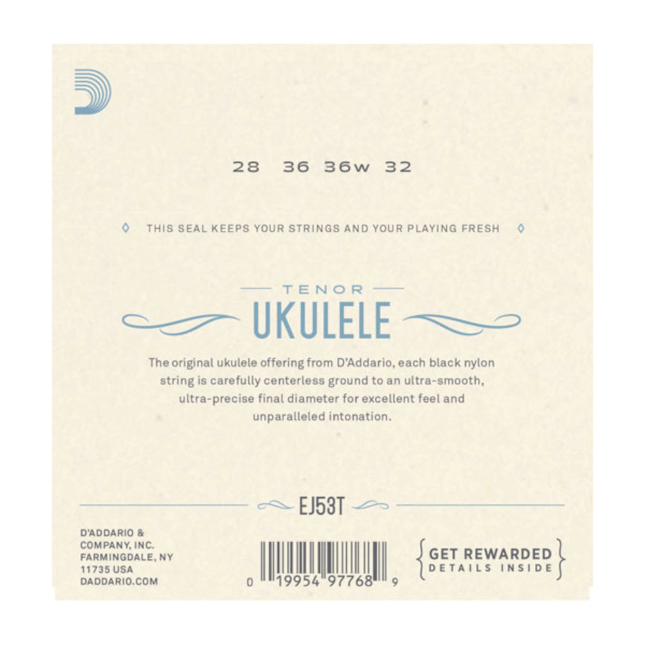 D'Addario ukulele string set packaging with product details on a beige background