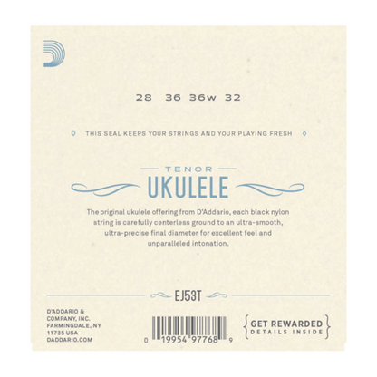 D'Addario ukulele string set packaging with product details on a beige background