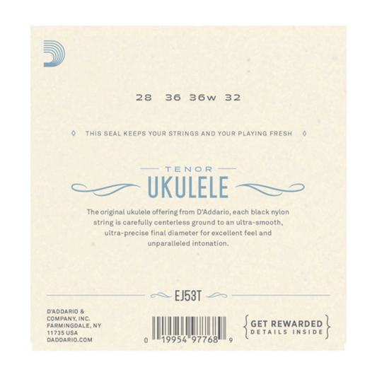 D'Addario ukulele string set packaging with product details on a beige background