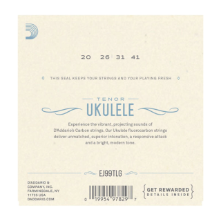 Ukulele string set packaging with brand logo and product details on a beige background