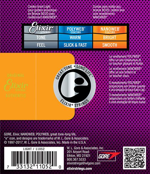 Elixir strings packaging with branding and product features on a purple background