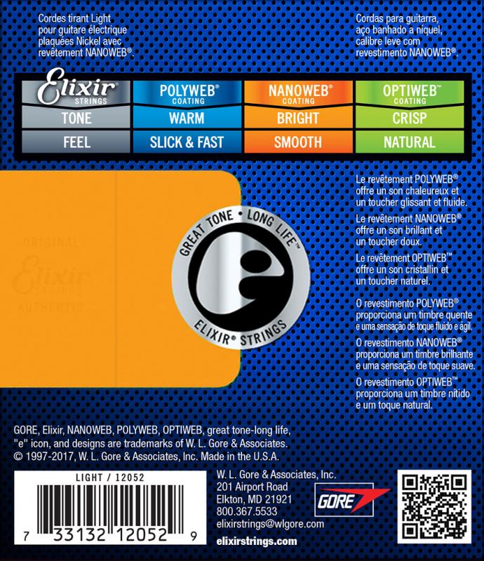 Elixir guitar strings packaging with color options and branding details.