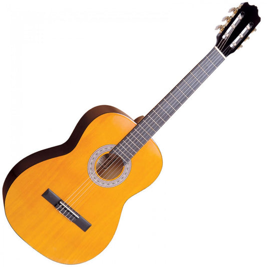 Classical guitar with a wooden body and black pickguard on a white background